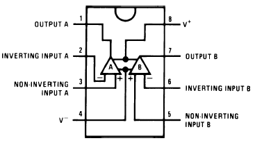 Picture showing pin configuration for the tl082   Picture is courtesy of: 