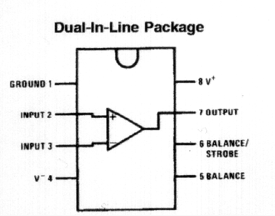 Pinconfiguration for the LM311   Picture is courtesy of: 