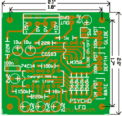 PCB layout for the CGS03 Psycho LFO   Picture is courtesy of: Ken Stone